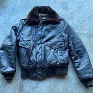 Vintage 80s Garsel Brown Leather Bomber Flight Jacket Fleece Lining & Collar 38